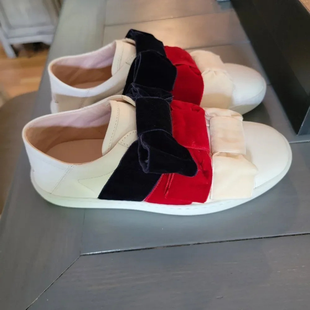 Gucci Women's Cream Leather And Velvet Bow Ace Slip On Sneakers Size 35 - Picture 13 of 16